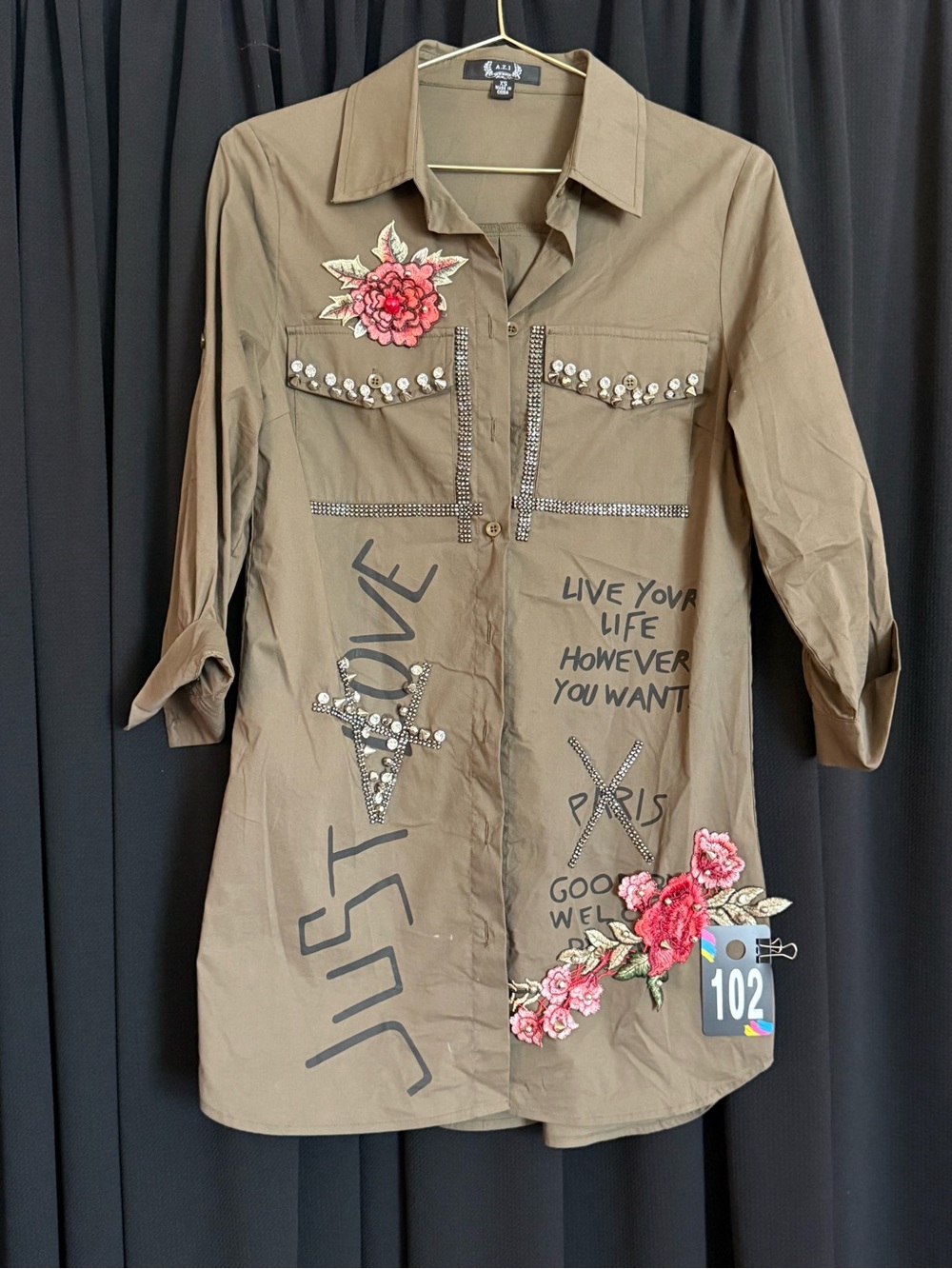Embellished Olive Green Button-Front Shirt with Floral Appliqués